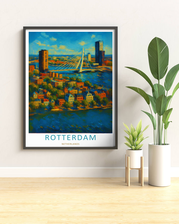 Artistic European cityscape print showing a high-angle view of Kop van Zuid towers behind expressive swirling clouds. A scenic travel poster from MapYourDreams, crafted expertly as an unframed print, wood-framed art, or canvas.