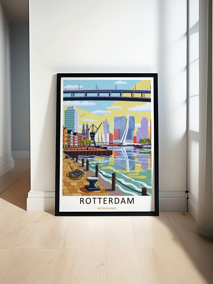Rotterdam architecture wall art from MapYourDreams presenting a colorful interpretation of the Netherlands waterfront with refined details, artistic reflections, and luxury travel poster composition for modern decorative spaces.