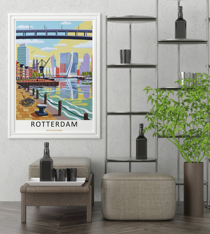 Rotterdam cityscape wall décor by MapYourDreams illustrating the energy of the Netherlands through a contemporary skyline composition featuring harbor details, urban textures, bright color layering, and modern travel poster styling for sophisticated interiors.
