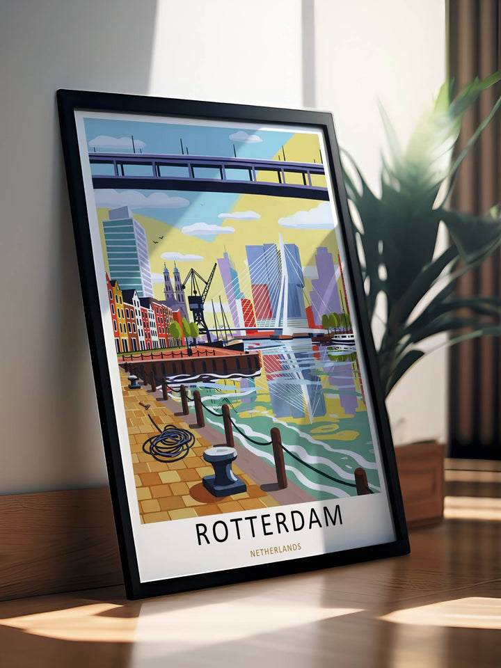 Contemporary Rotterdam travel artwork from MapYourDreams capturing the atmosphere of the Dutch waterfront with detailed promenade elements, skyline reflections, architectural silhouettes, and balanced color harmony for luxury residential and office spaces.