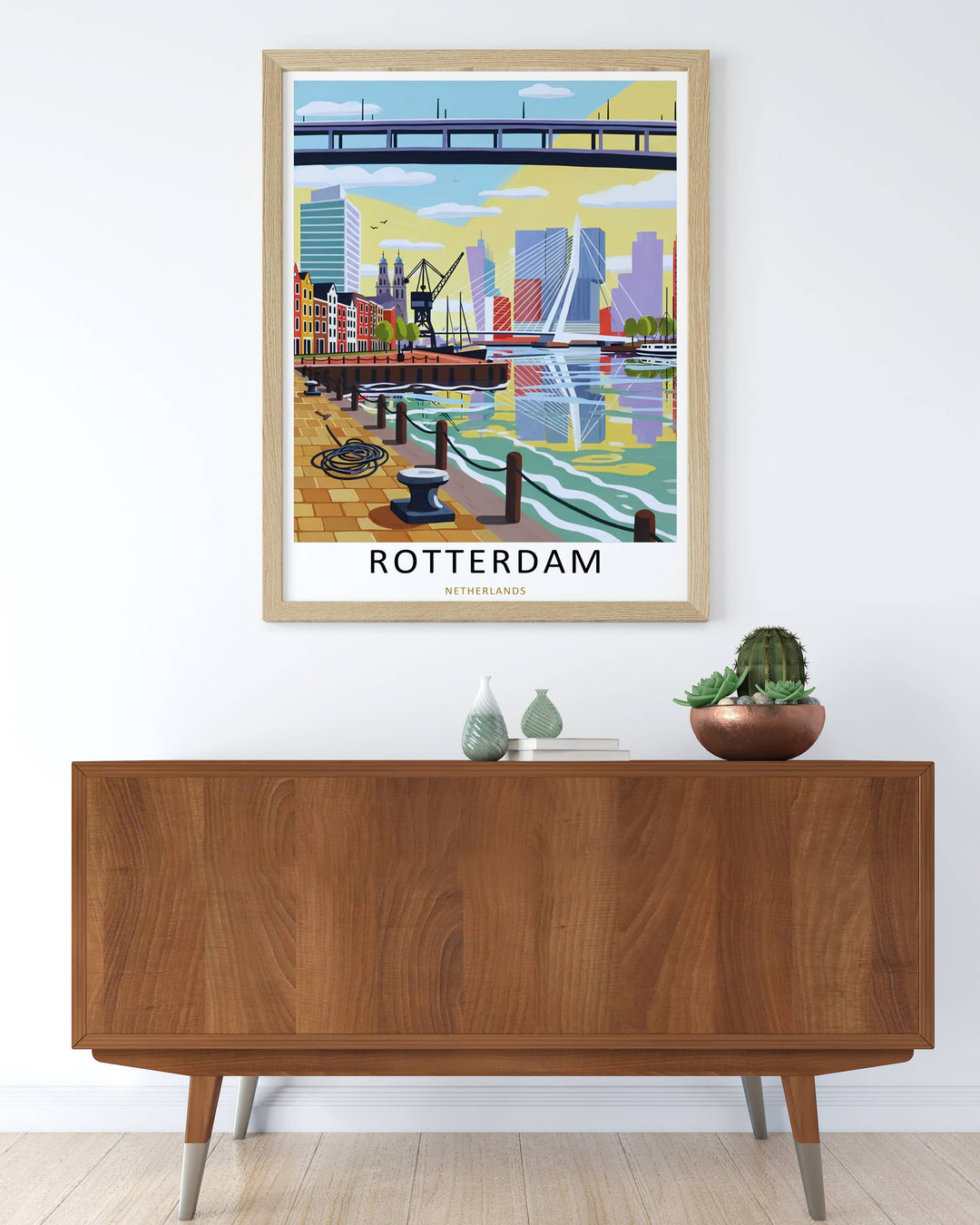 Rotterdam harbor poster by MapYourDreams designed in a refined modern illustration style featuring clean lines, colorful city forms, reflective waterfront scenery, and destination-inspired artwork ideal for creating elegant gallery wall arrangements.