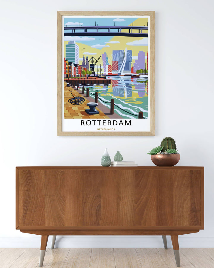 Rotterdam harbor poster by MapYourDreams designed in a refined modern illustration style featuring clean lines, colorful city forms, reflective waterfront scenery, and destination-inspired artwork ideal for creating elegant gallery wall arrangements.