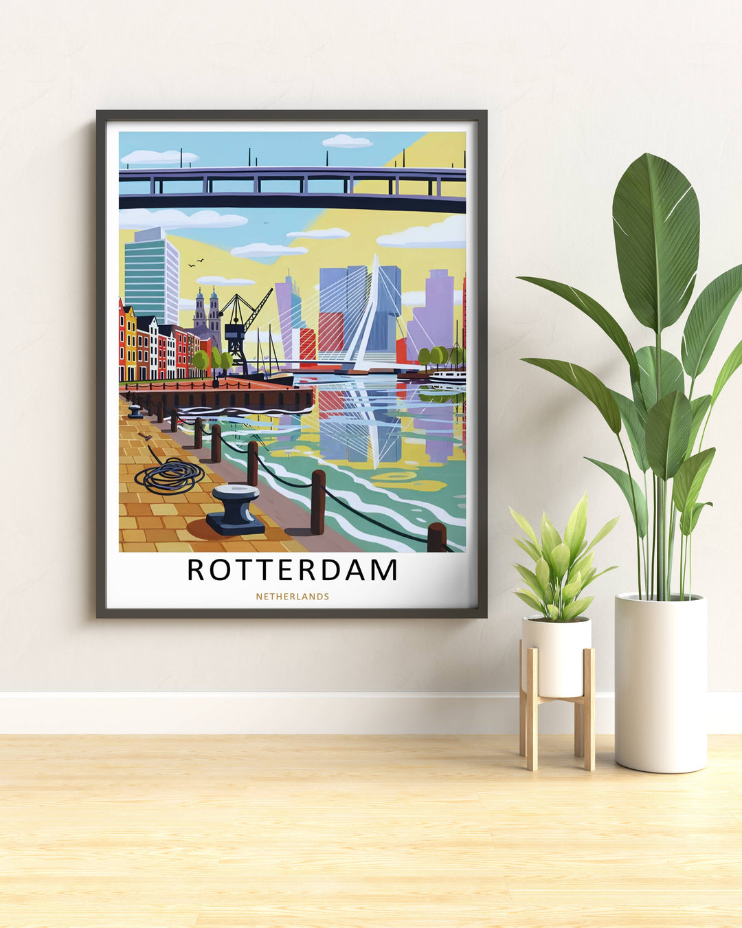 Netherlands city wall art by MapYourDreams showing Rotterdam’s dynamic waterfront and contemporary skyline through layered illustration techniques, modern travel aesthetics, and premium visual storytelling intended for stylish interior decoration.