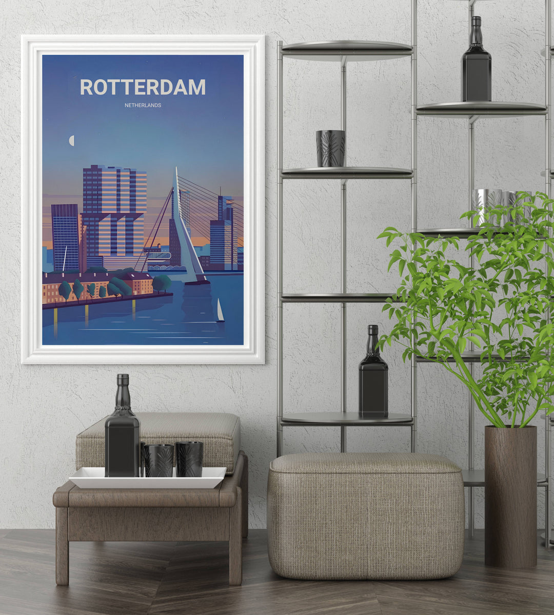 Downtown riverfront skyline print showcasing modern corporate towers catching the soft amber light of a sunset horizon. High-quality wall decor available in versatile framed, canvas, and print options.