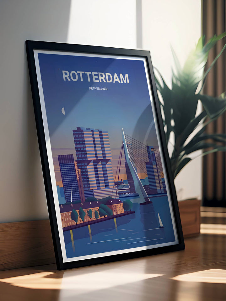 Rotterdam maritime travel artwork illustrating a lone white sailboat cruising past high-rise architectural blocks. This beautiful landscape wall art by MapYourDreams comes as a gallery canvas or custom framed print.