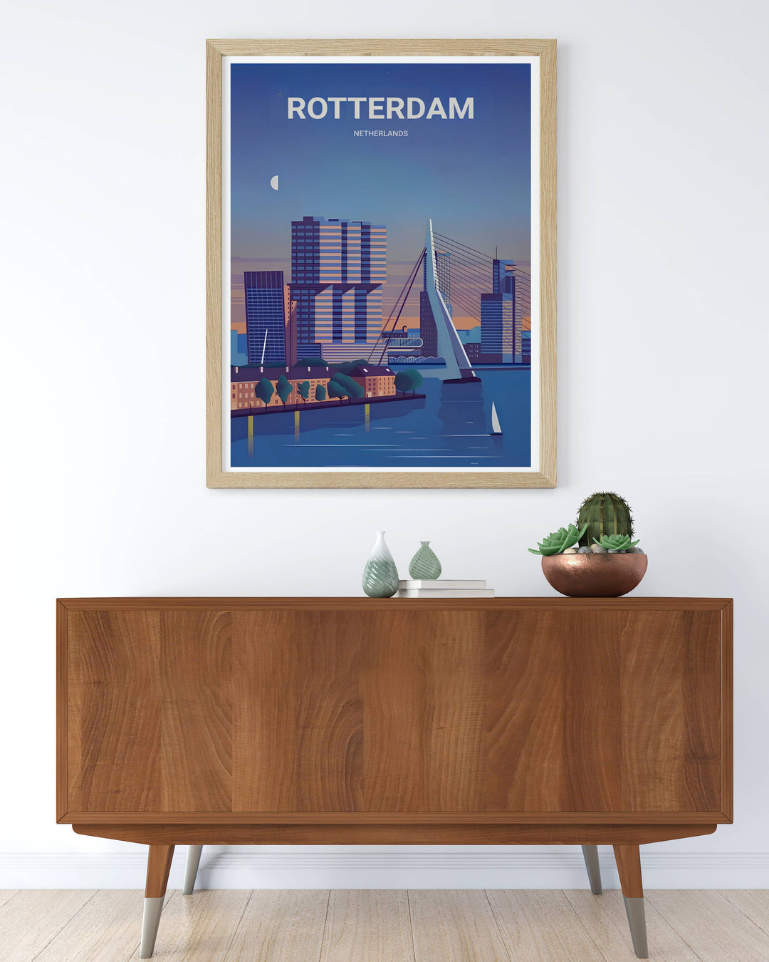 A grand suspension bridge casting geometric stay-cable lines across a midnight blue sky in a clean vector travel design. A striking poster design perfect for office wall decor as a canvas print, framed art, or poster.