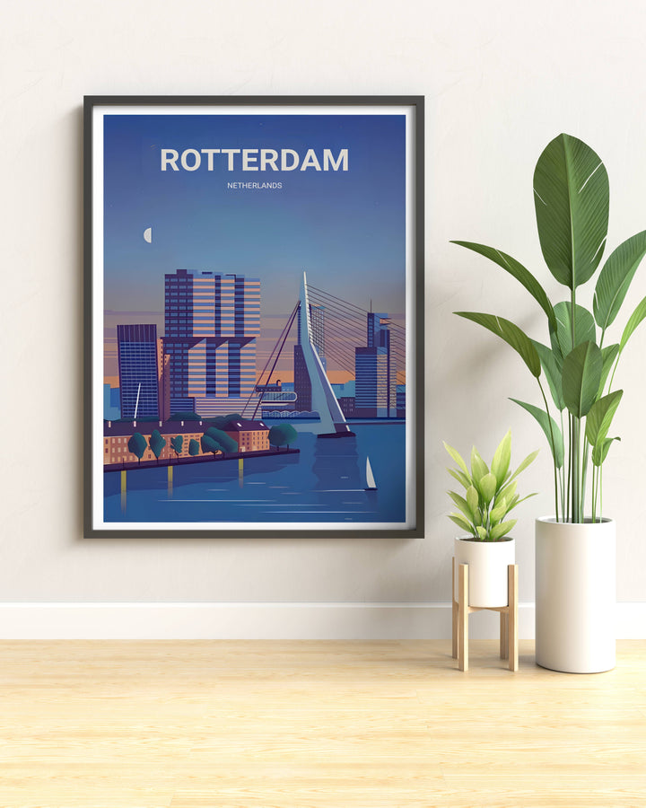 Netherlands contemporary city architecture and an expansive harbor landscape creating a unique artistic gallery wall scene. Upgrade your living room wall decor with this MapYourDreams design, available as a framed print or stretched canvas.