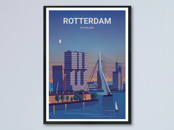 Dutch decorative travel art showcasing a stylized twilight layout, deep river ripples, and modern urban waterfront public spaces. This home decor piece is perfectly suited for modern rooms as a framed canvas print or simple paper poster.
