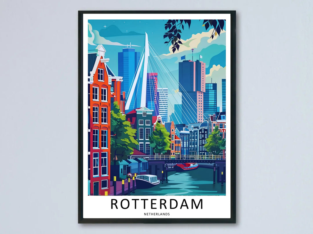 A Rotterdam poster canal house travel print showing historic orange buildings in front of the modern Erasmus Bridge. This European wall art is sold framed or as a canvas by MapYourDreams.