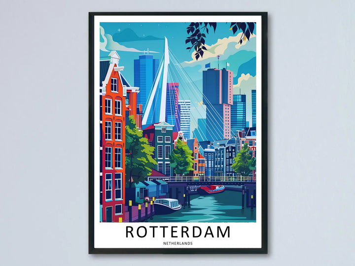 A Rotterdam poster canal house travel print showing historic orange buildings in front of the modern Erasmus Bridge. This European wall art is sold framed or as a canvas by MapYourDreams.