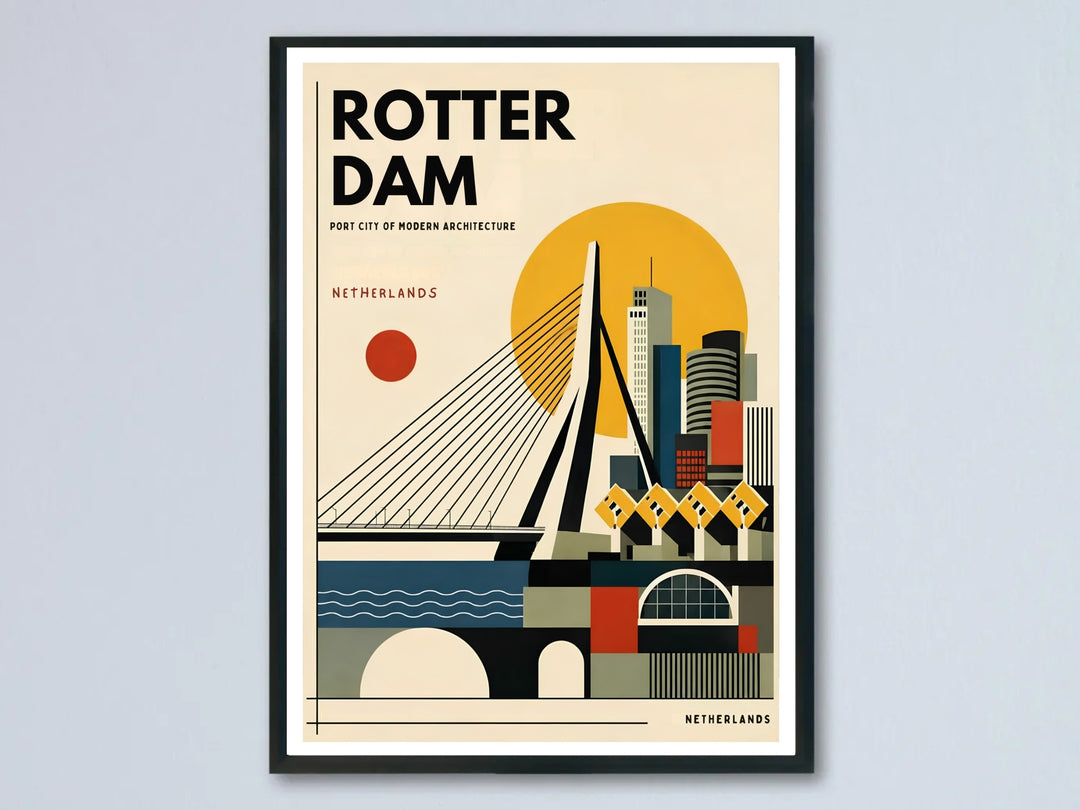 A Rotterdam poster retro mid century modern art print featuring a geometric abstract skyline under a large yellow sun. This minimalist European wall art is sold framed or as a canvas by MapYourDreams.