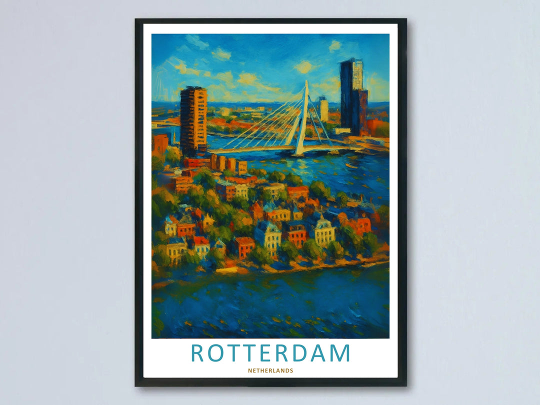 A Rotterdam art print impressionist canvas showing thick oil paint brushstrokes of the Erasmus Bridge and a deep blue river harbor. This European wall art is sold framed or as a canvas by MapYourDreams.