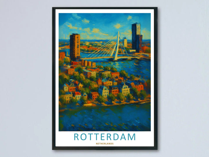 A Rotterdam art print impressionist canvas showing thick oil paint brushstrokes of the Erasmus Bridge and a deep blue river harbor. This European wall art is sold framed or as a canvas by MapYourDreams.