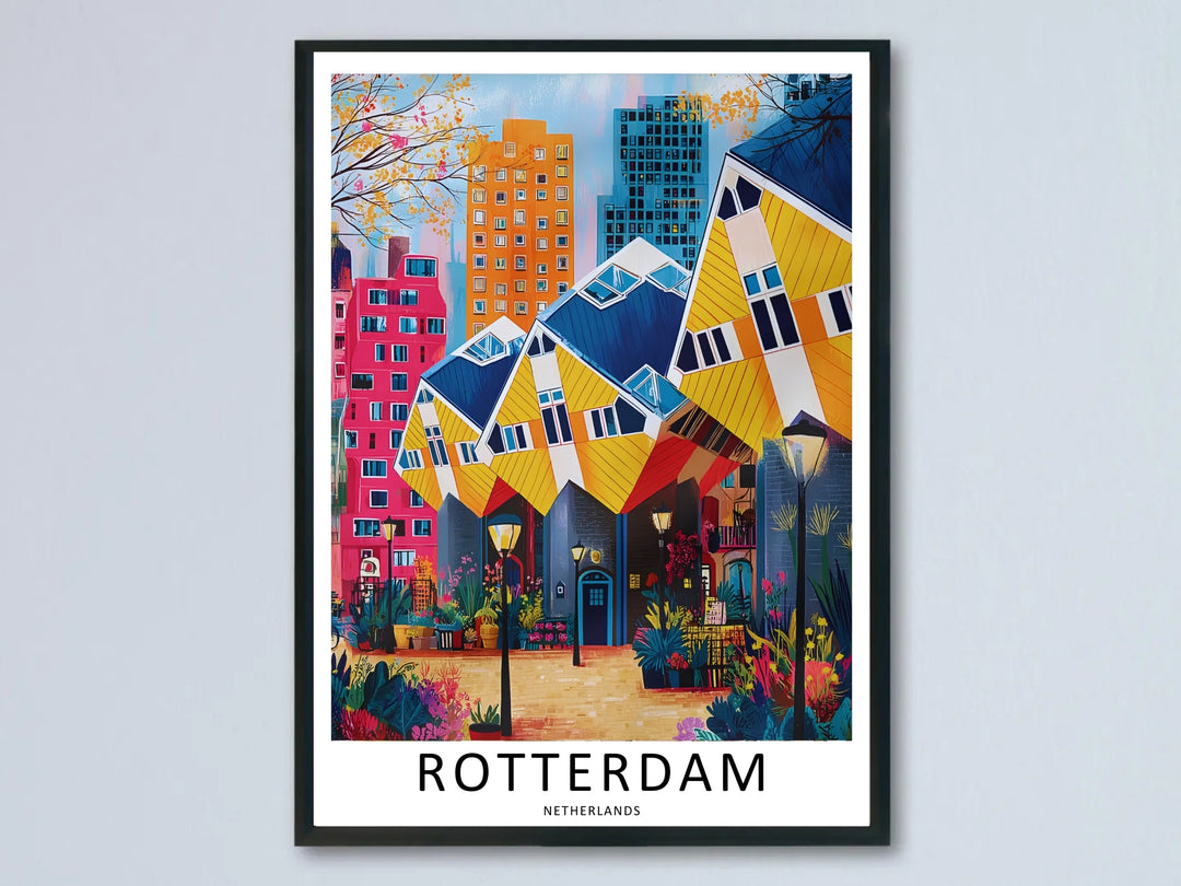 A Rotterdam poster cube houses print showing the tilted yellow architectural landmark over a courtyard. This modern European wall art is sold framed or as a canvas by MapYourDreams.