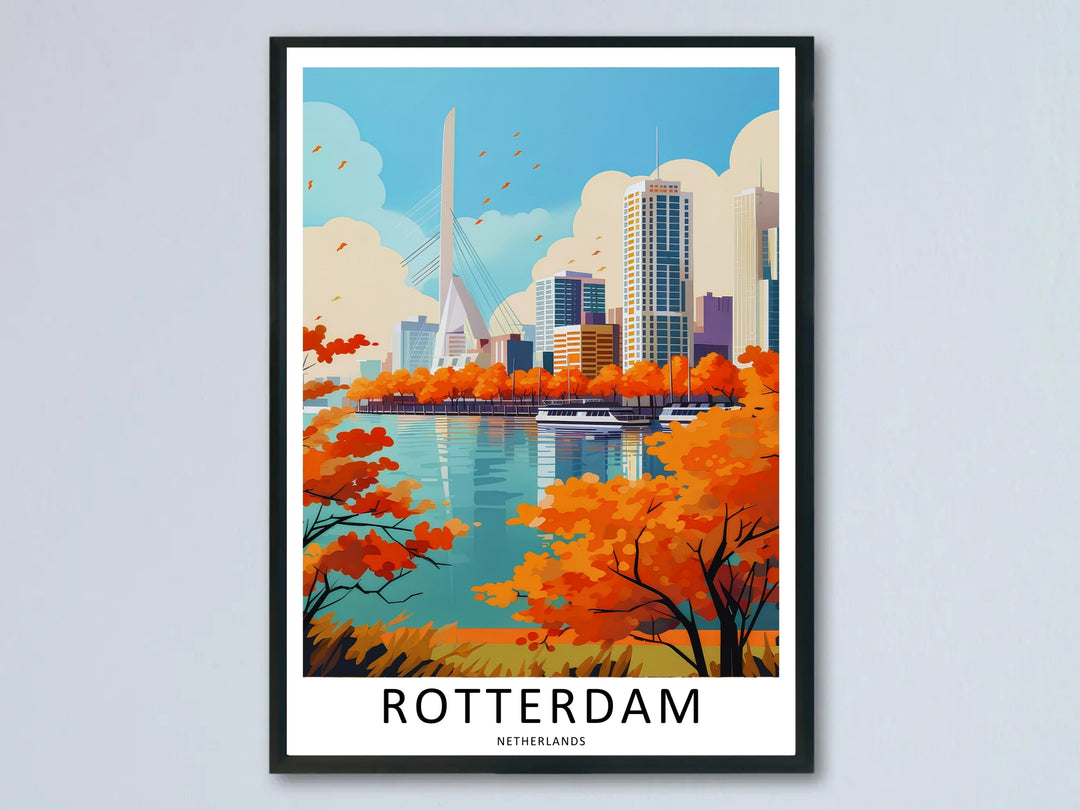 Dutch decorative travel art showcasing a stylized daylight layout, deep river reflections, and colorful waterfront public spaces. This home decor piece is perfectly suited for modern rooms as a framed canvas print or simple paper poster.
