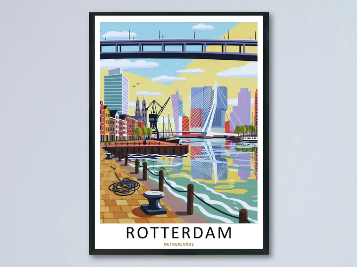 Rotterdam Netherlands travel poster by MapYourDreams featuring a vibrant modern harbor skyline with colorful waterfront reflections, contemporary architectural details, promenade textures, and sophisticated city illustration styling designed for premium wall décor and destination-inspired interiors.