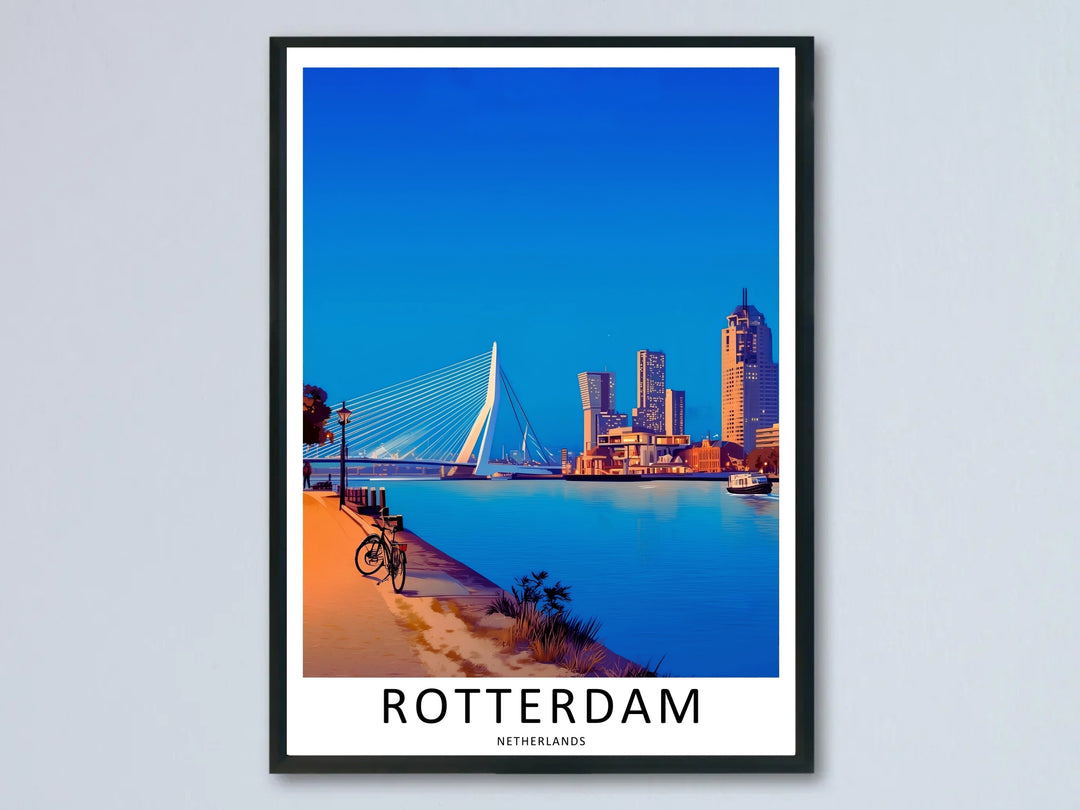 A Rotterdam poster night skyline print showing an illuminated Erasmus Bridge and glowing skyscrapers over a dark blue river. This European wall art is sold framed or as a canvas by MapYourDreams.