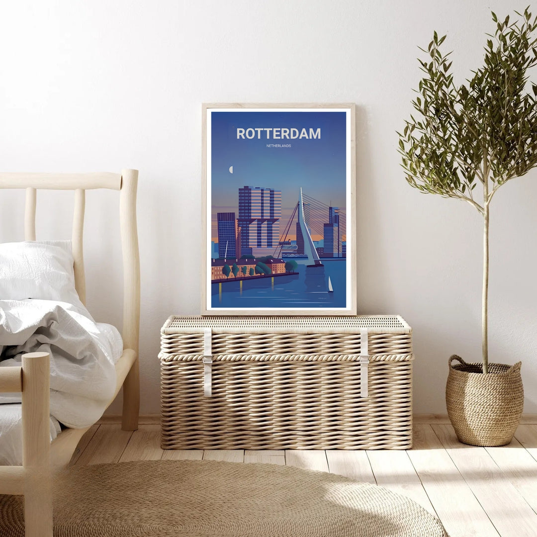 Textured look at a contemporary travel poster with deep navy blue twilight shadows, warm glowing windows, and clean structural lines. A striking harbor wall print available from MapYourDreams as an unframed poster, framed art, or canvas.