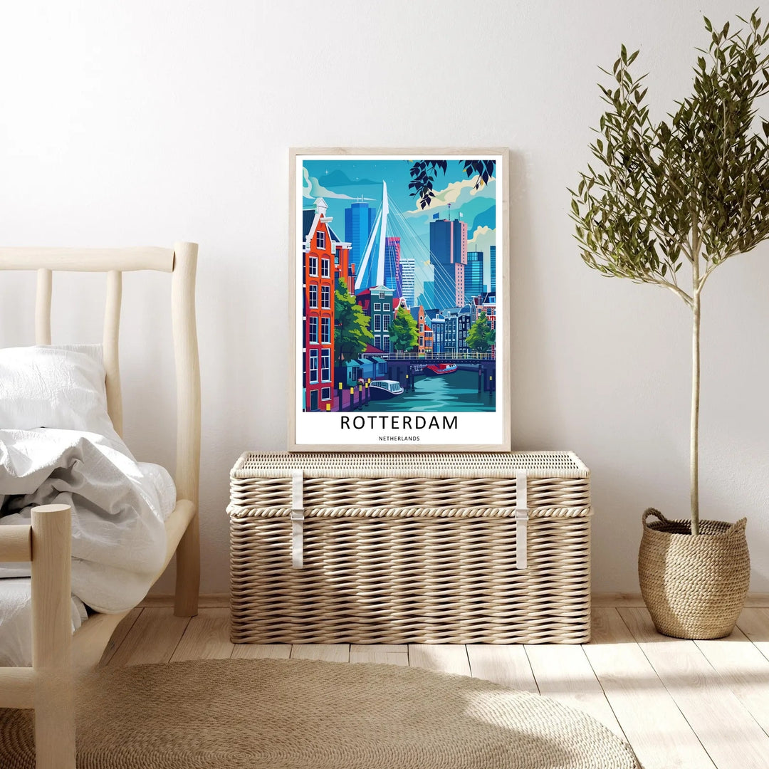 Rotterdam architectural fusion travel artwork illustrating traditional waterfront brick homes and modern skyscrapers. This beautiful landscape wall art by MapYourDreams comes as a gallery canvas or custom framed print.