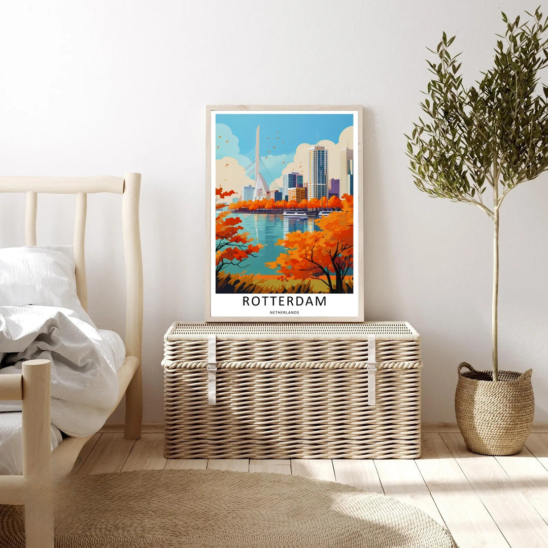 Retro style travel poster capturing the timeless, warm atmosphere of a bright fall day in Rotterdam Netherlands. Meticulously crafted by MapYourDreams and available as a canvas wrap, matted framed print, or poster.