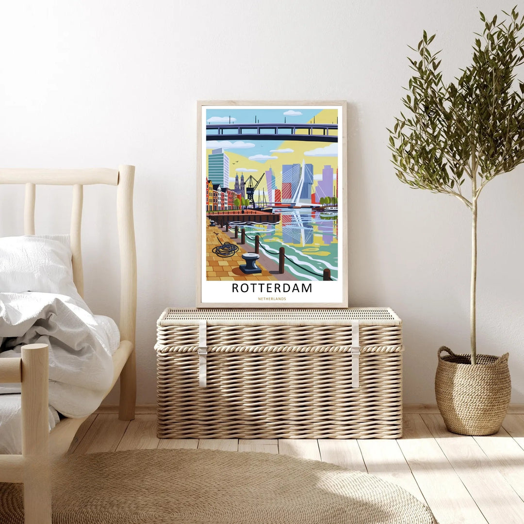 Contemporary Rotterdam skyline print by MapYourDreams displaying a detailed harbor promenade scene with elegant urban composition, modern illustration techniques, and premium wall décor aesthetics for destination-inspired interiors.