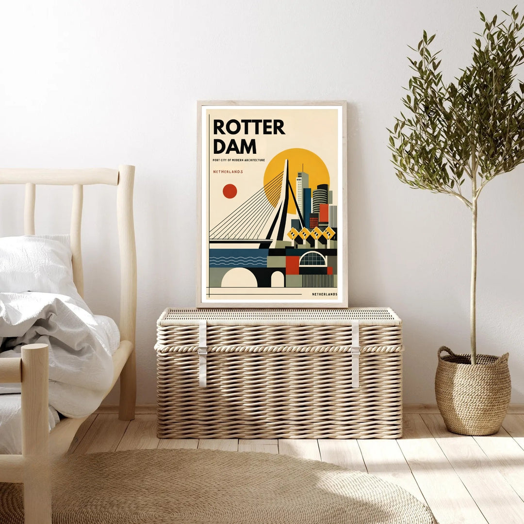 Minimalist Dutch cityscape scene depicting flat color-blocked structures in yellow, blue, red, and charcoal gray. This MapYourDreams decorative print can be purchased as an unframed poster or custom framed art.