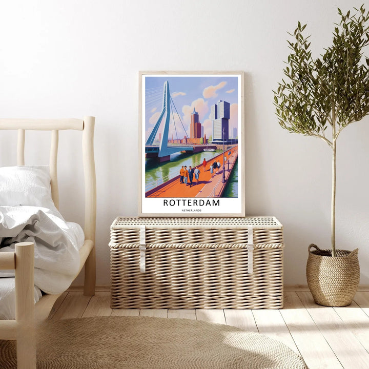 Modern Dutch skyscrapers and a scenic daytime promenade pathway resting under a bright painted sky design. This beautiful wall art makes an excellent housewarming gift as a canvas print, framed poster, or simple print.