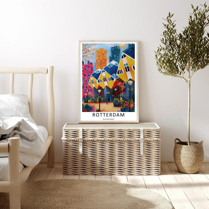 Netherlands contemporary architecture and a dense floral garden landscape creating a unique artistic gallery wall scene. Upgrade your living room wall decor with this MapYourDreams design, available as a framed print or stretched canvas.