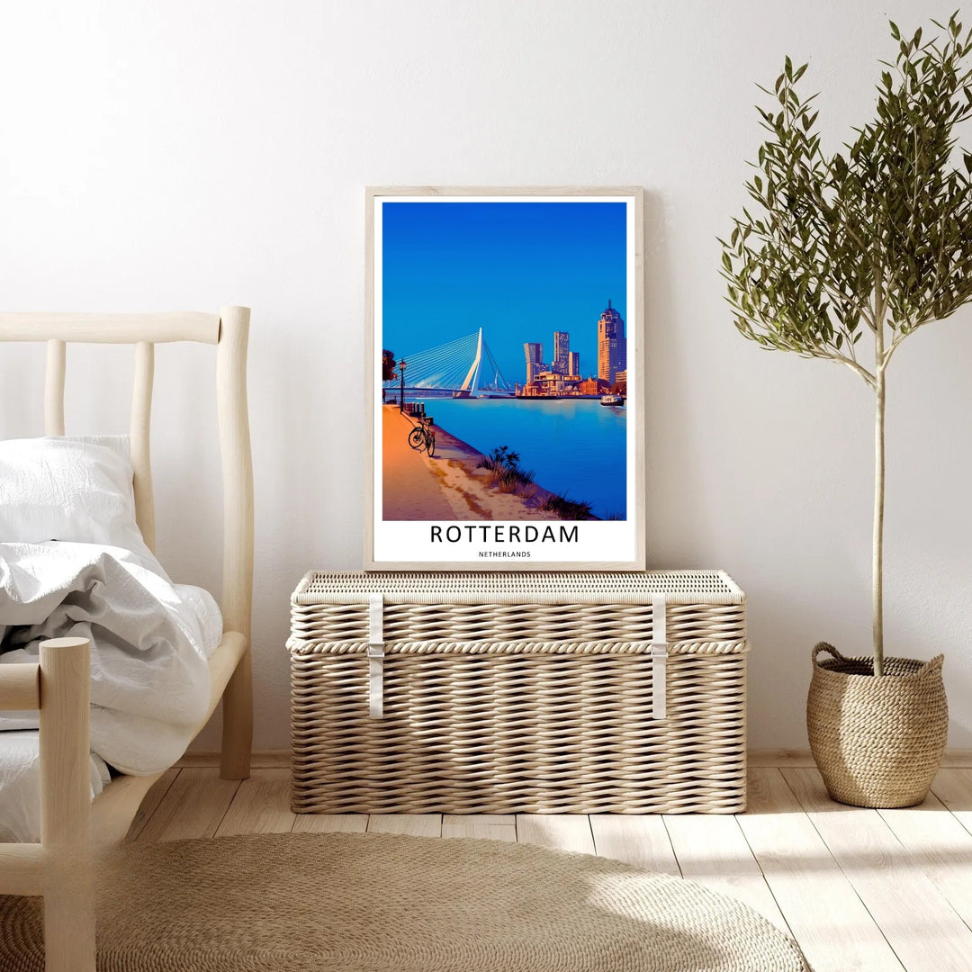 Rotterdam modern travel artwork illustrating an indigo twilight shoreline looking toward illuminated architectural towers. This beautiful landscape wall art by MapYourDreams comes as a gallery canvas or custom framed print.
