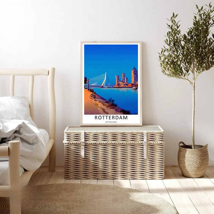 Rotterdam modern travel artwork illustrating an indigo twilight shoreline looking toward illuminated architectural towers. This beautiful landscape wall art by MapYourDreams comes as a gallery canvas or custom framed print.