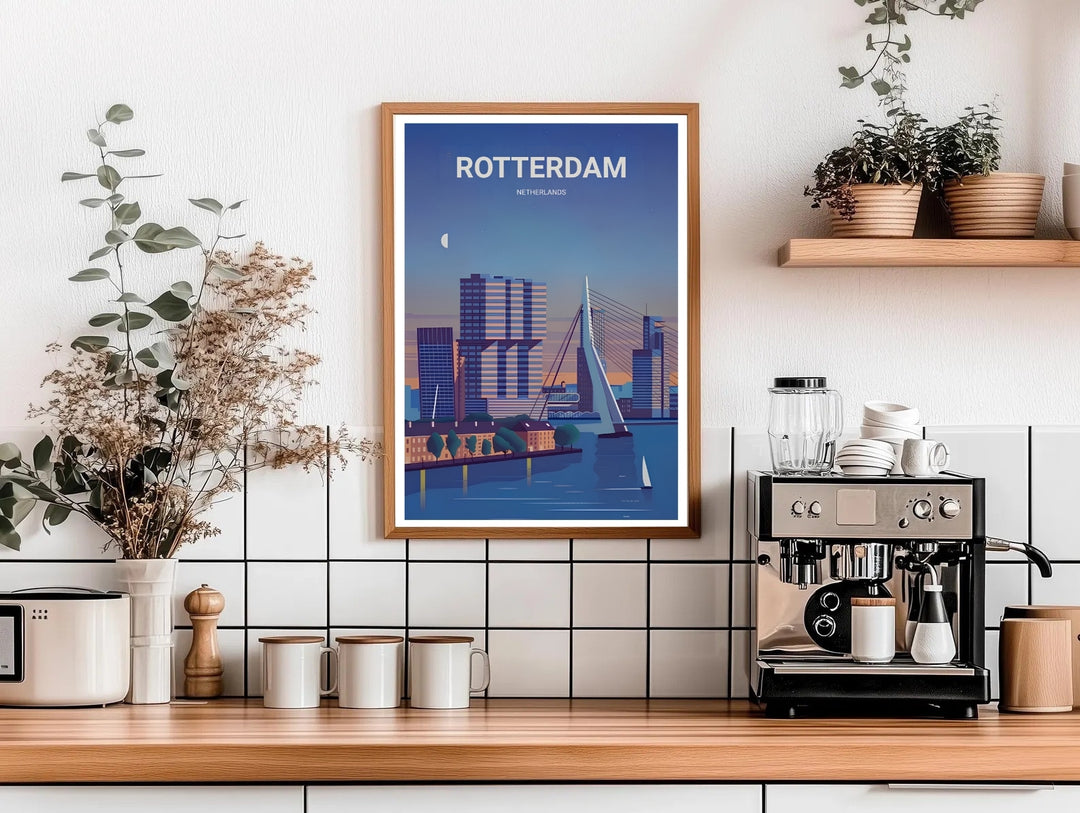 Rotterdam graphic art capturing a clean white border layout, rich blue twilight gradients, and minimalist architectural details. This poster makes great modern home wall art as a canvas, framed print, or poster.