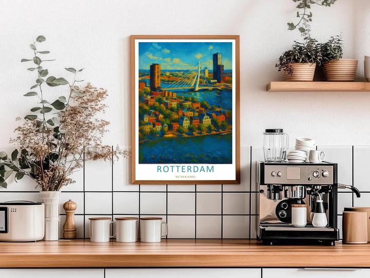Dutch decorative travel art showcasing a stylized oil-painted layout, rich water ripples, and colorful historical public spaces. This home decor piece is perfectly suited for modern rooms as a framed canvas print or simple paper poster.