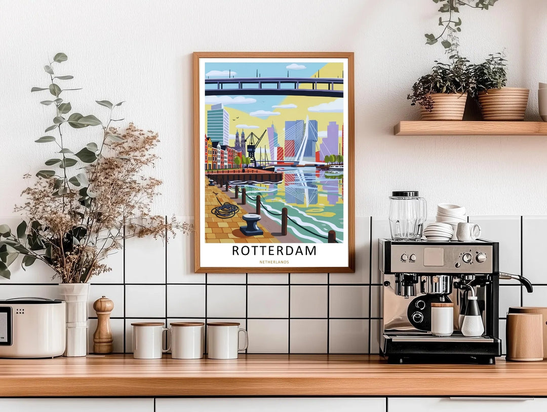 Framed Rotterdam skyline artwork from MapYourDreams featuring vibrant harbor reflections, contemporary Dutch architecture, waterfront perspective, and luxury travel poster design that complements minimalist and modern interior environments.
