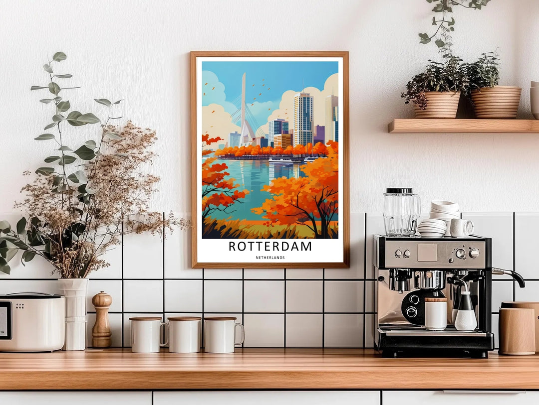 Rotterdam graphic art capturing a clean white border layout, rich seasonal orange tones, and detailed architectural facades. This poster makes great modern home wall art as a canvas, framed print, or poster.