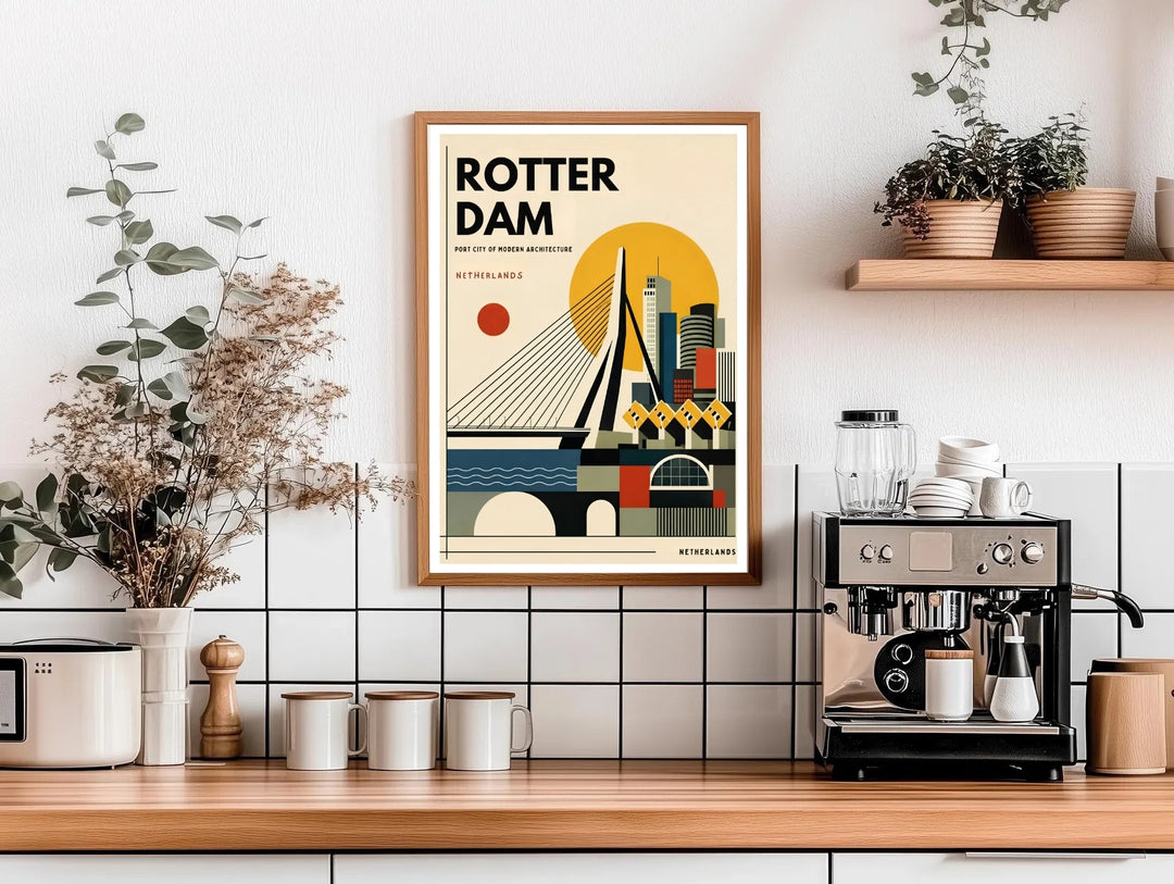 An abstract suspension bridge cutting clean diagonal lines across a large yellow circular sun in a retro design. A striking poster design perfect for office wall decor as a canvas print, framed art, or poster.