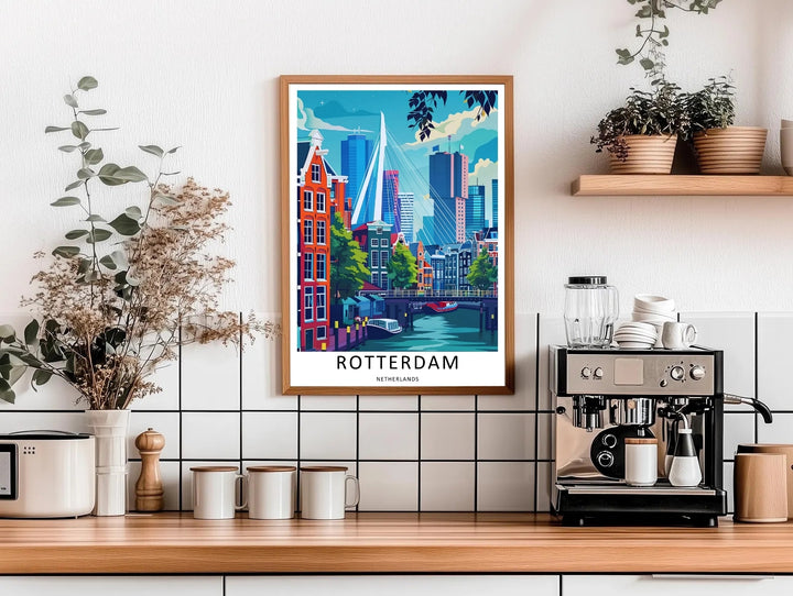 Modern Dutch skyscrapers and a historic canal boat resting under a bright painted sky design. This beautiful wall art makes an excellent housewarming gift as a canvas print, framed poster, or simple print.
