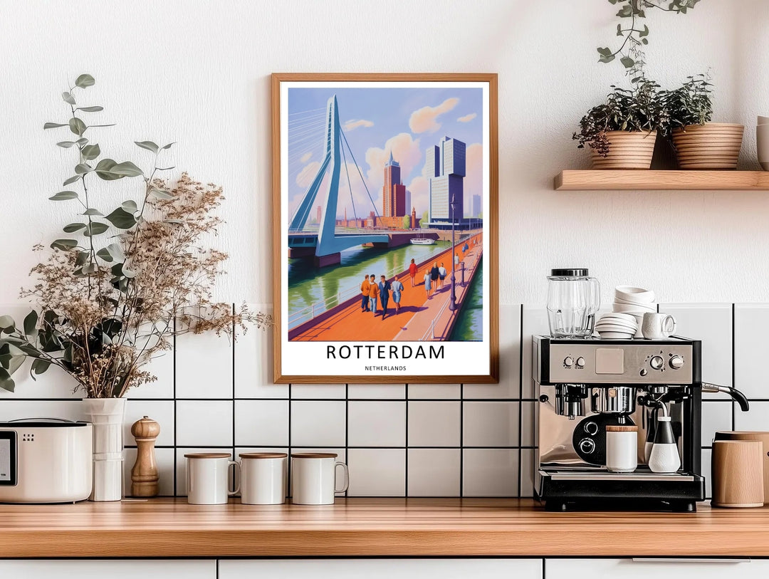 Rotterdam graphic art capturing a clean white border layout, rich coral-orange tones, and detailed architectural facades. This poster makes great modern home wall art as a canvas, framed print, or poster.