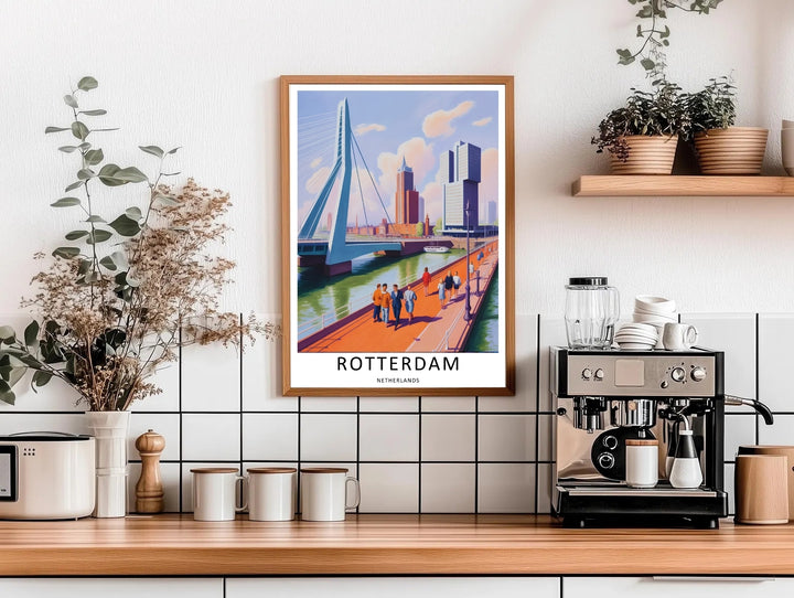 Rotterdam graphic art capturing a clean white border layout, rich coral-orange tones, and detailed architectural facades. This poster makes great modern home wall art as a canvas, framed print, or poster.