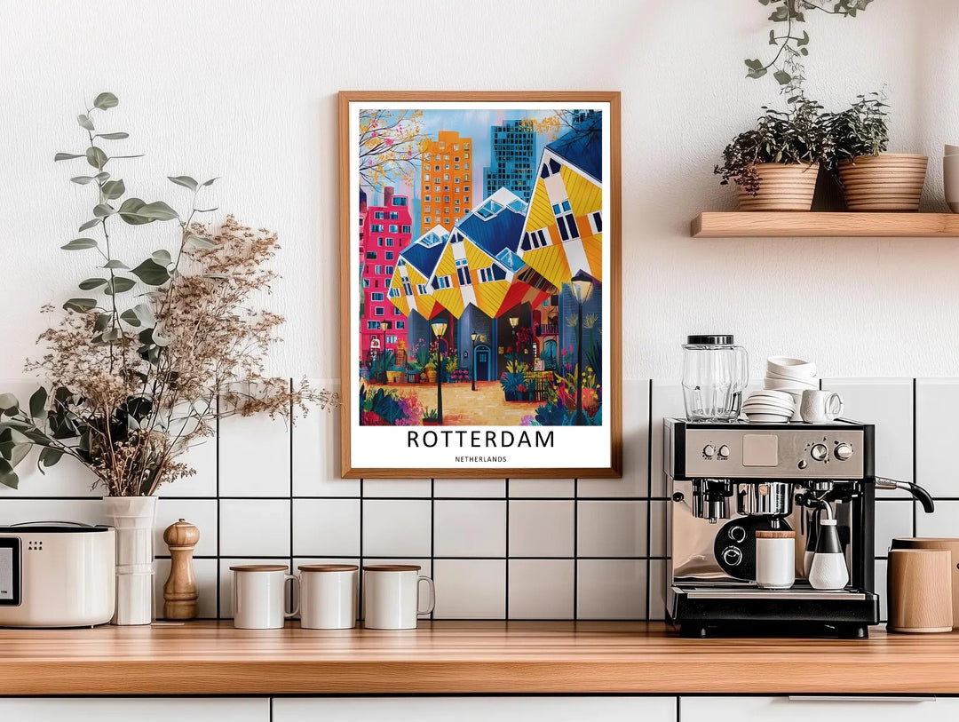 Rotterdam avant-garde travel artwork illustrating bold yellow and blue tilted cubes in a vibrant public courtyard setting. This beautiful landscape wall art by MapYourDreams comes as a gallery canvas or custom framed print.