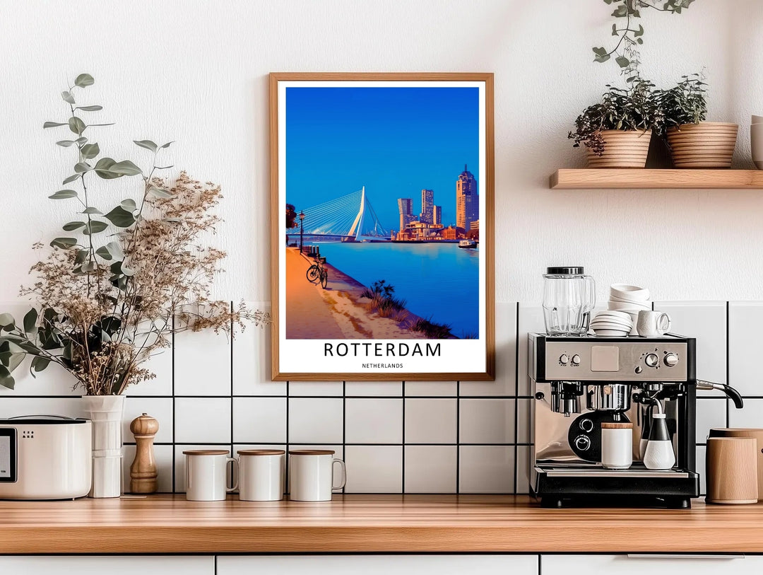 A grand structural suspension bridge casting bright white light lines over a dark river pathway in a clean graphic design. A striking poster design perfect for office wall decor as a canvas print, framed art, or poster.