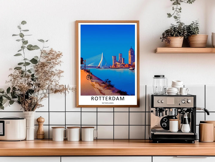 A grand structural suspension bridge casting bright white light lines over a dark river pathway in a clean graphic design. A striking poster design perfect for office wall decor as a canvas print, framed art, or poster.