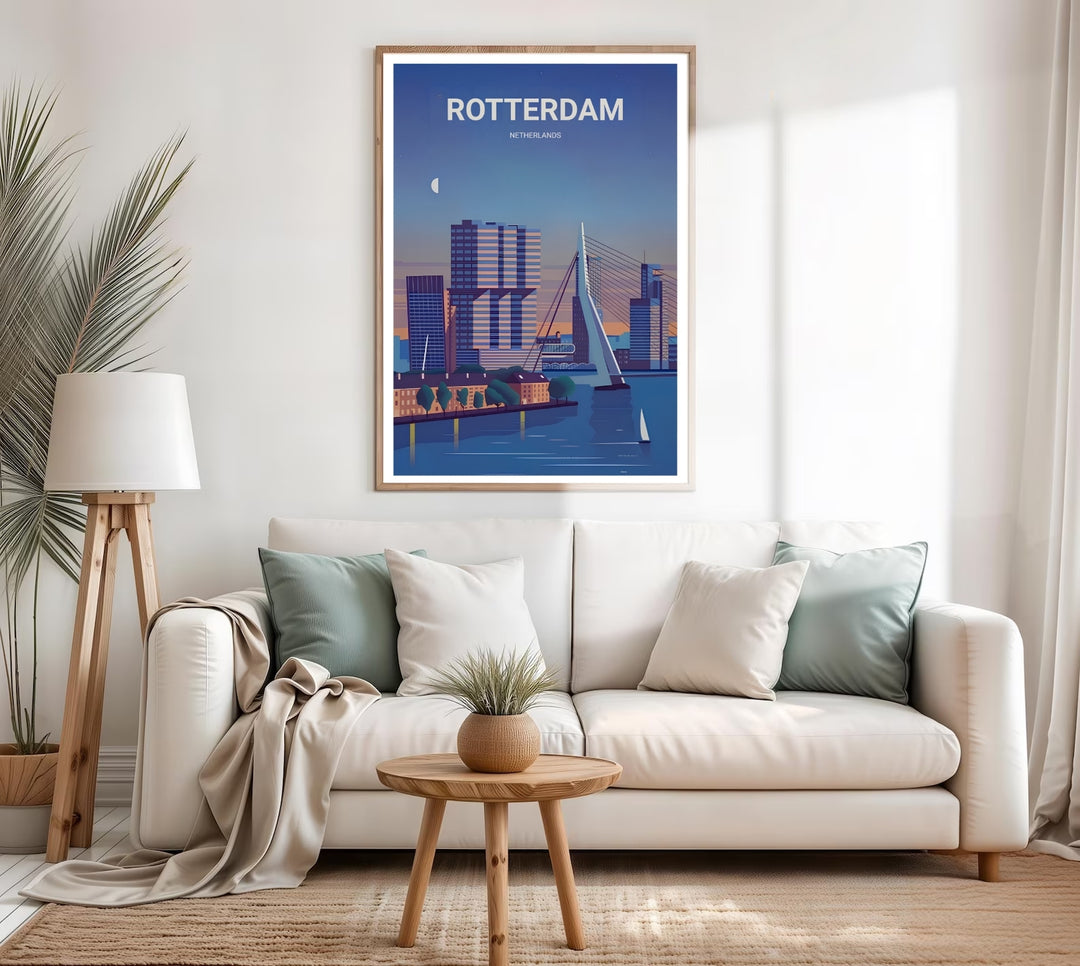 Artistic European cityscape print showing a panoramic view of Kop van Zuid towers beneath a starry evening sky. A scenic travel poster from MapYourDreams, crafted expertly as an unframed print, wood-framed art, or canvas.