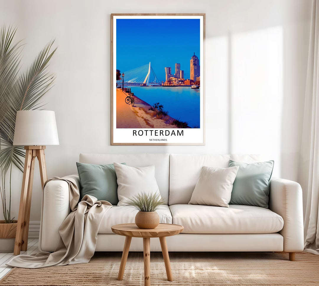 Modern Dutch skyscrapers and a historic promenade pathway resting under a dark blue hour sky design. This beautiful wall art makes an excellent housewarming gift as a canvas print, framed poster, or simple print.