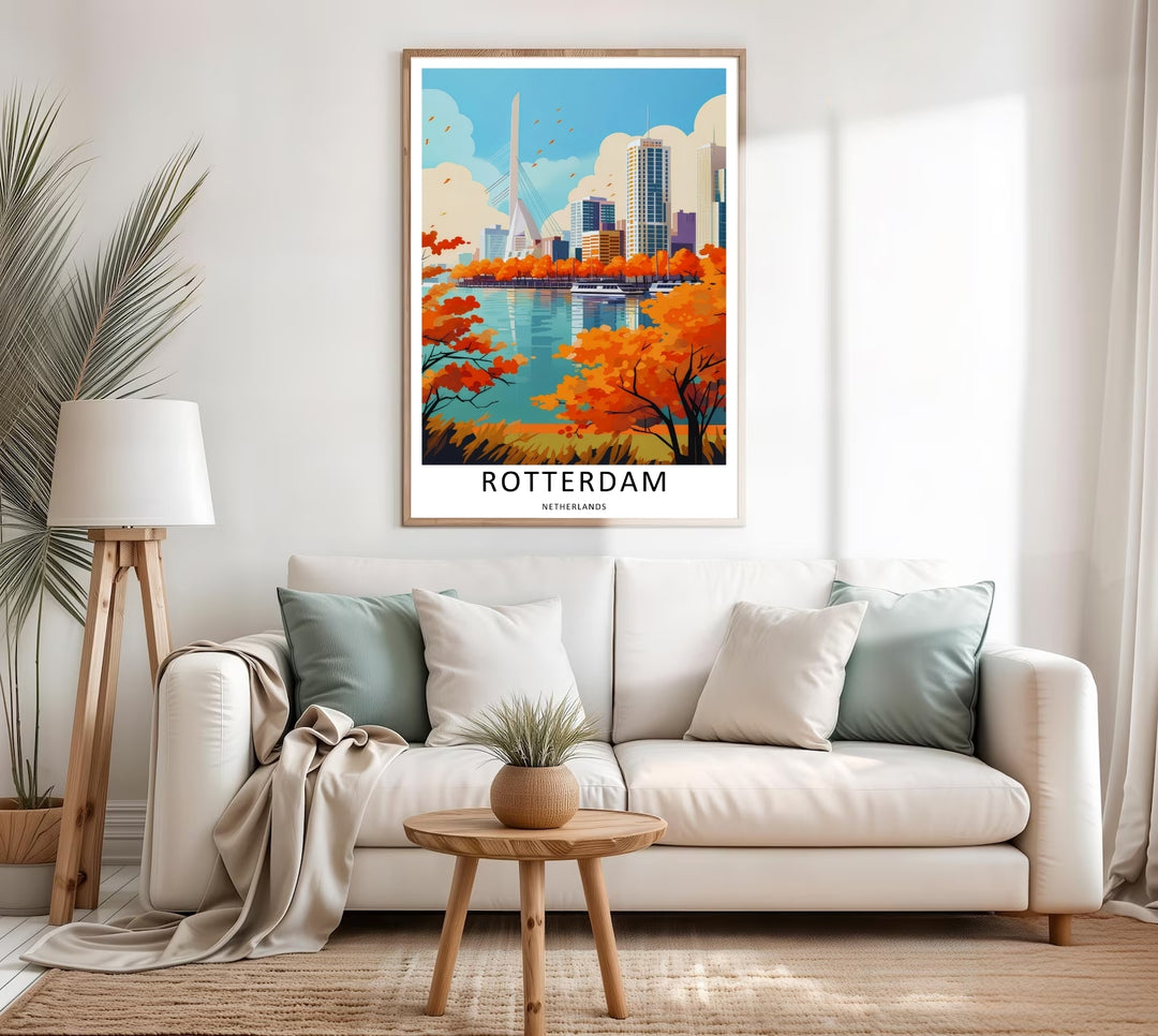 Artistic European cityscape print showing a panoramic view of Kop van Zuid towers behind stylized white clouds. A scenic travel poster from MapYourDreams, crafted expertly as an unframed print, wood-framed art, or canvas.