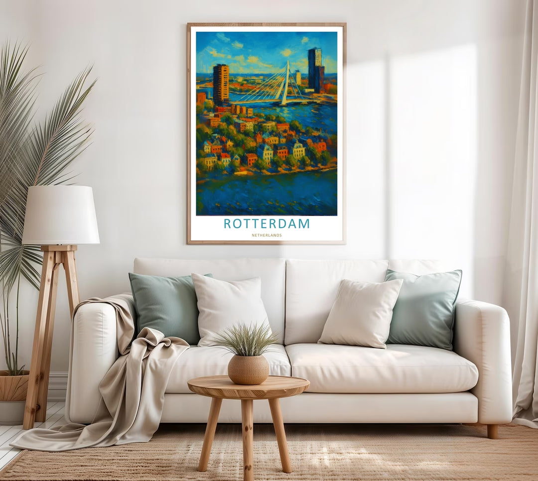 Fine art illustration of a Rotterdam landmark view with a high-rise city center, a wide harbor bay, and thick impasto clouds. MapYourDreams wall decor offered in multiple sizes as an unframed print, framed print, or luxury canvas.