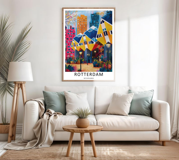 Rotterdam graphic art capturing a clean white border layout, rich primary colors, and whimsical geometric building details. This poster makes great modern home wall art as a canvas, framed print, or poster.