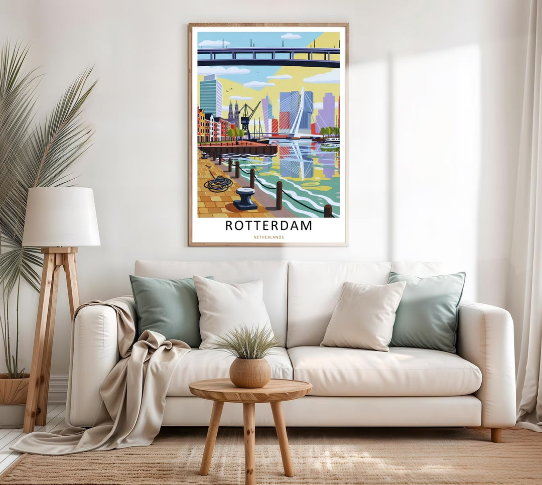 Rotterdam waterfront illustration by MapYourDreams combining modern urban design with artistic interpretation of the Netherlands cityscape, creating a premium decorative statement piece for homes, offices, and curated gallery collections.