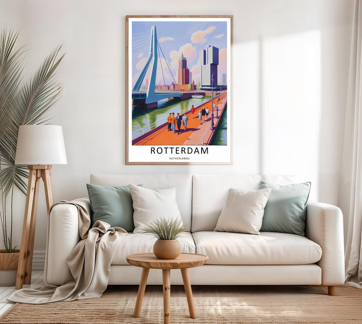 Artistic European cityscape print showing a panoramic view of Kop van Zuid high-rises behind stylized white clouds. A scenic travel poster from MapYourDreams, crafted expertly as an unframed print, wood-framed art, or canvas.