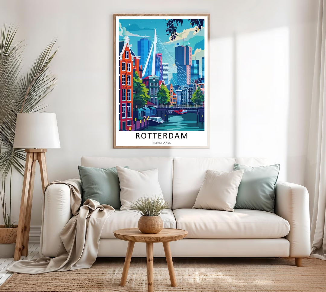 Netherlands contemporary city skyscrapers and a classic harbor canal landscape creating a unique artistic gallery wall scene. Upgrade your living room wall decor with this MapYourDreams design, available as a framed print or stretched canvas.