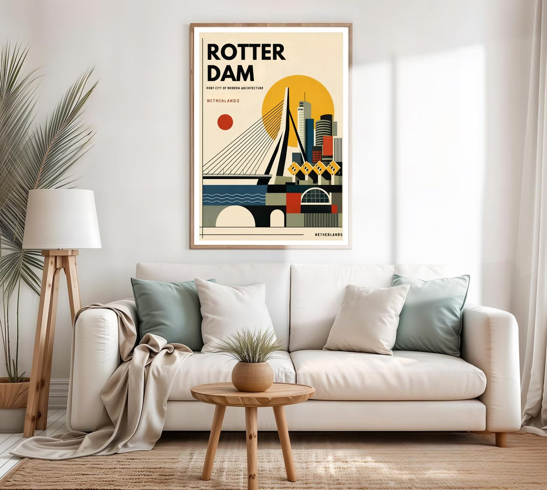 Fine art illustration of a Rotterdam landmark view with a flat vector bridge, a large yellow sun, and minimal skyscrapers. MapYourDreams wall decor offered in multiple sizes as an unframed print, framed print, or luxury canvas.